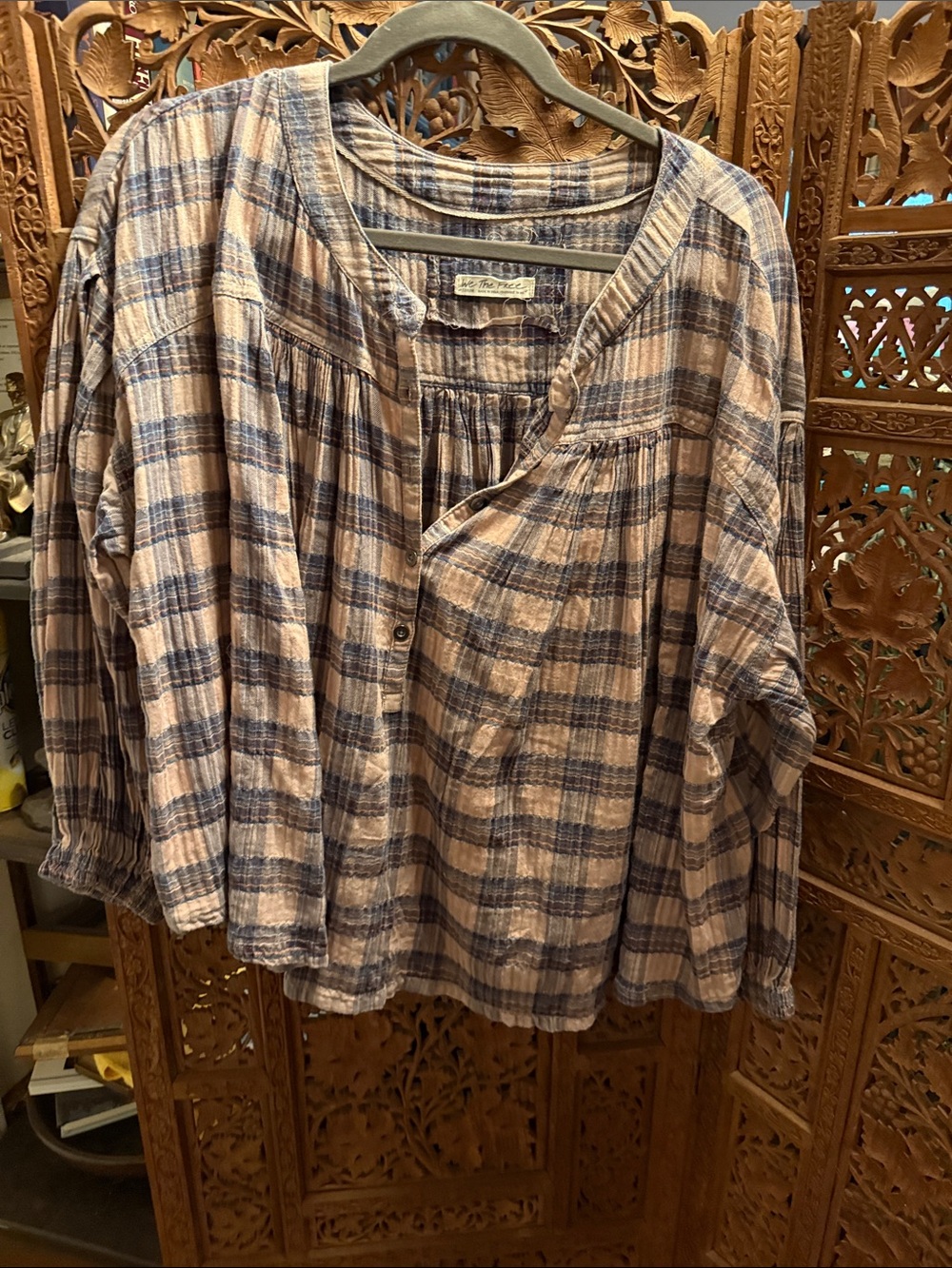 We The Free Blue and Cream Plaid Button-Front Tunic